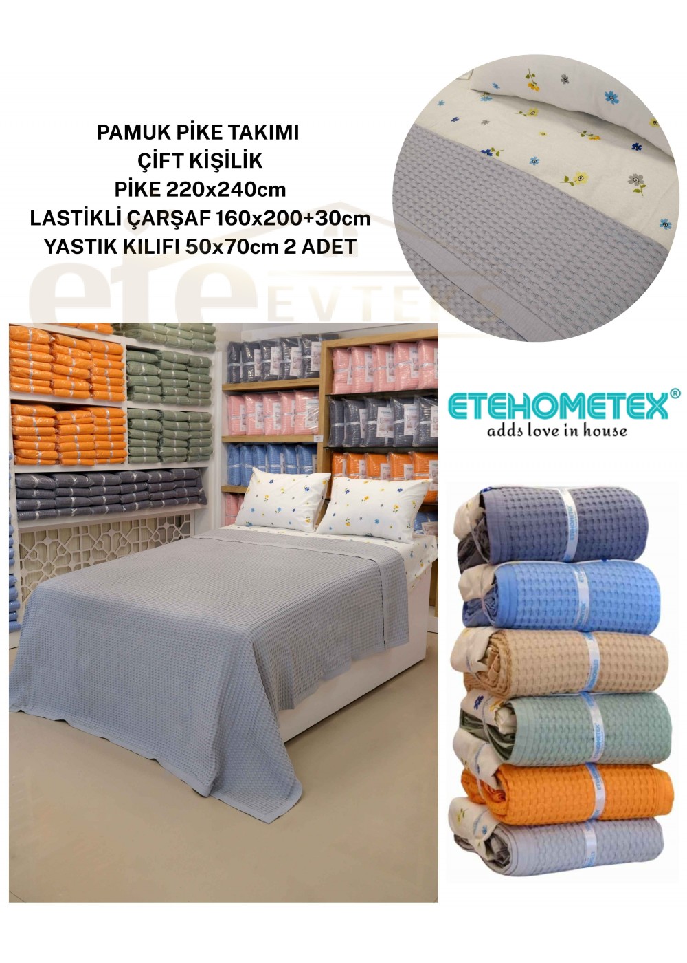 ETEHOMETEX ÇİFT KİŞİLİK %100 PAMUK HAVUZLU PİKE TAKIMI GRİ 8696474232090